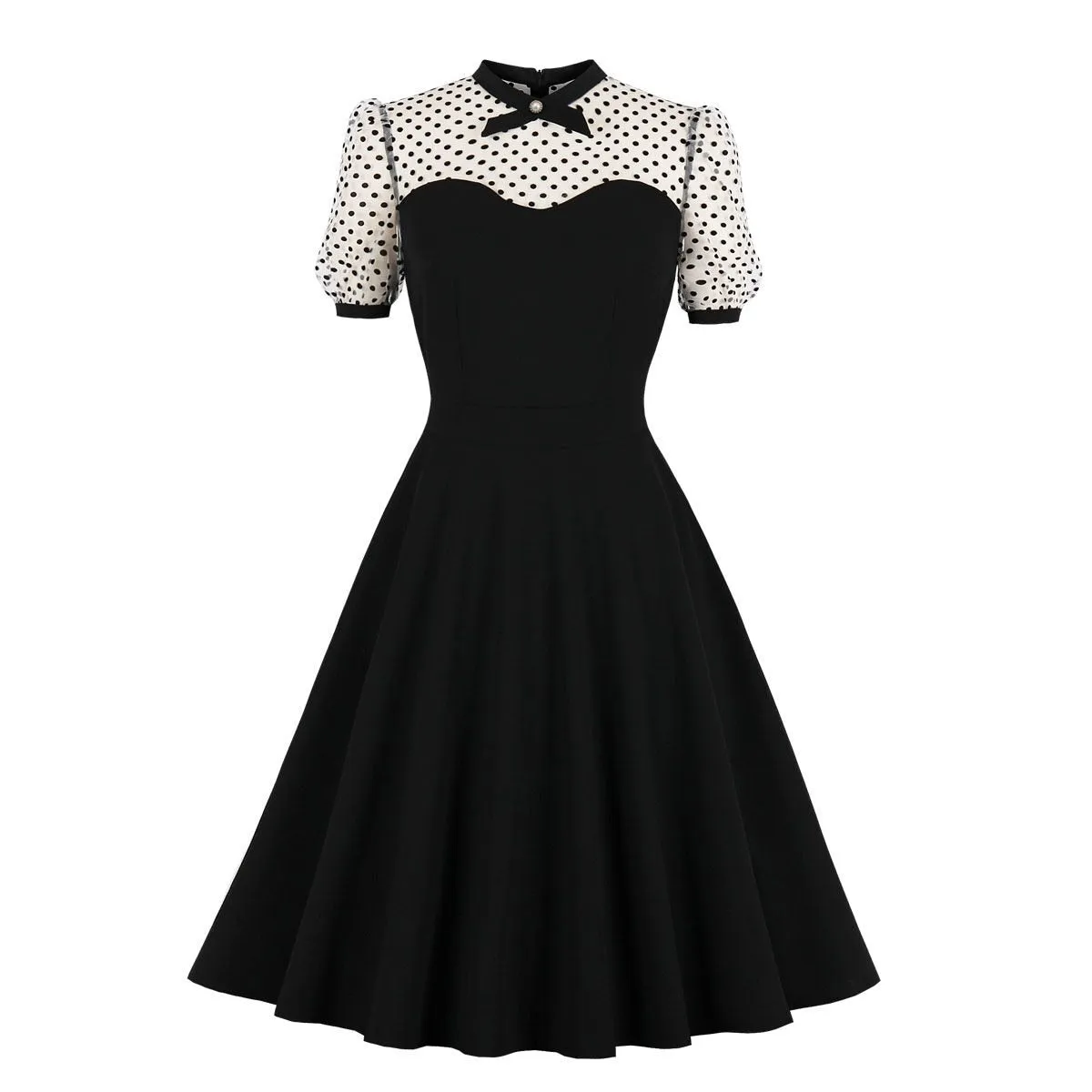 2022 Retro Vintage Swing Women Dress Green Black Red Patchwork Polka Dot Print 40s 50s 60s Sundress Tunic Midi Party Dresses