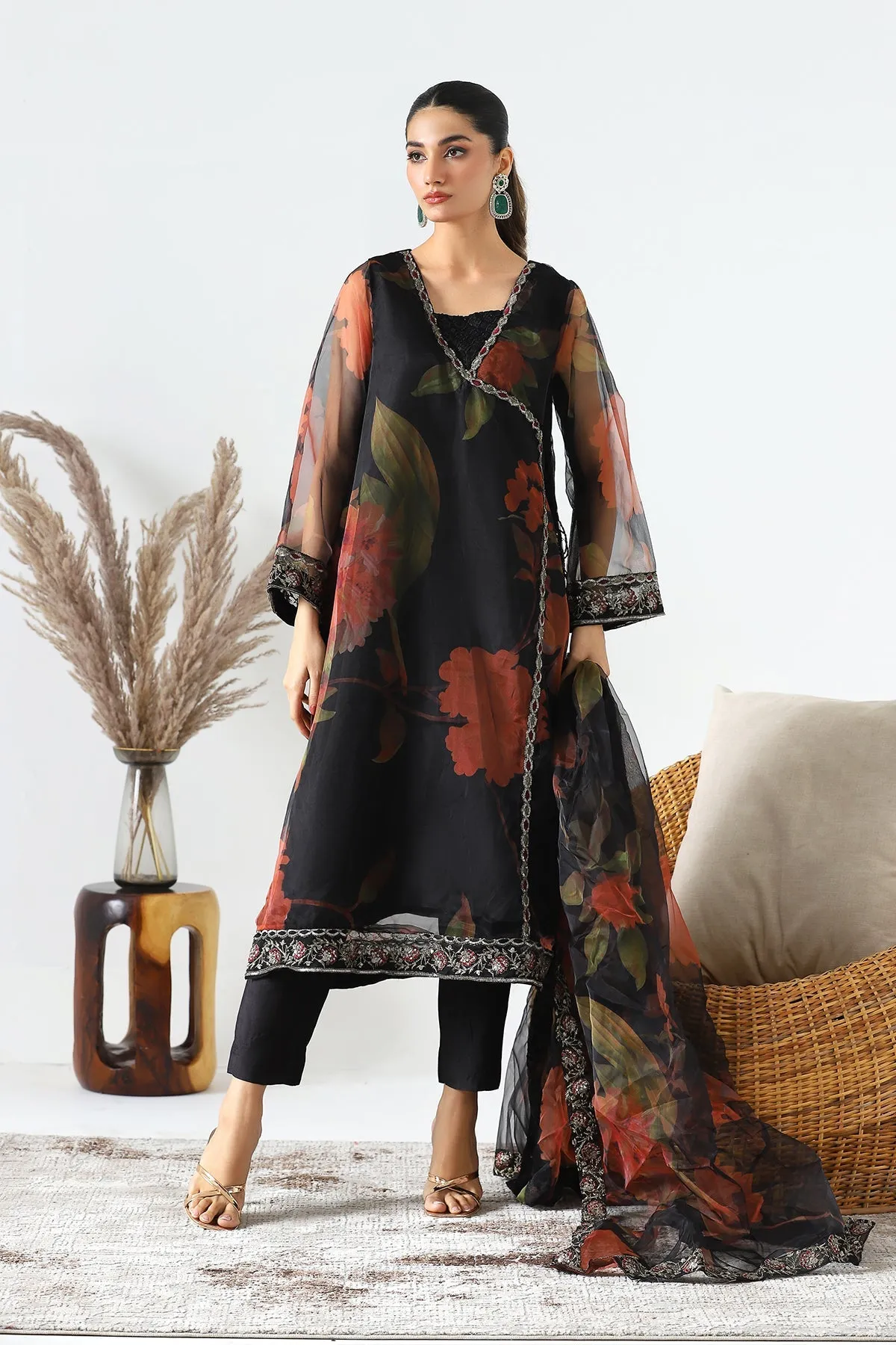 3-PC Printed Organza Shirt with Organza Dupatta and Trouser CMA-3-217