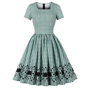 40s 50s 60s Retro Vintage Plaid Casual Party Ladies Dress Short Sleeve High Street French Cotton A Line Swing Tunic Midi Dresses