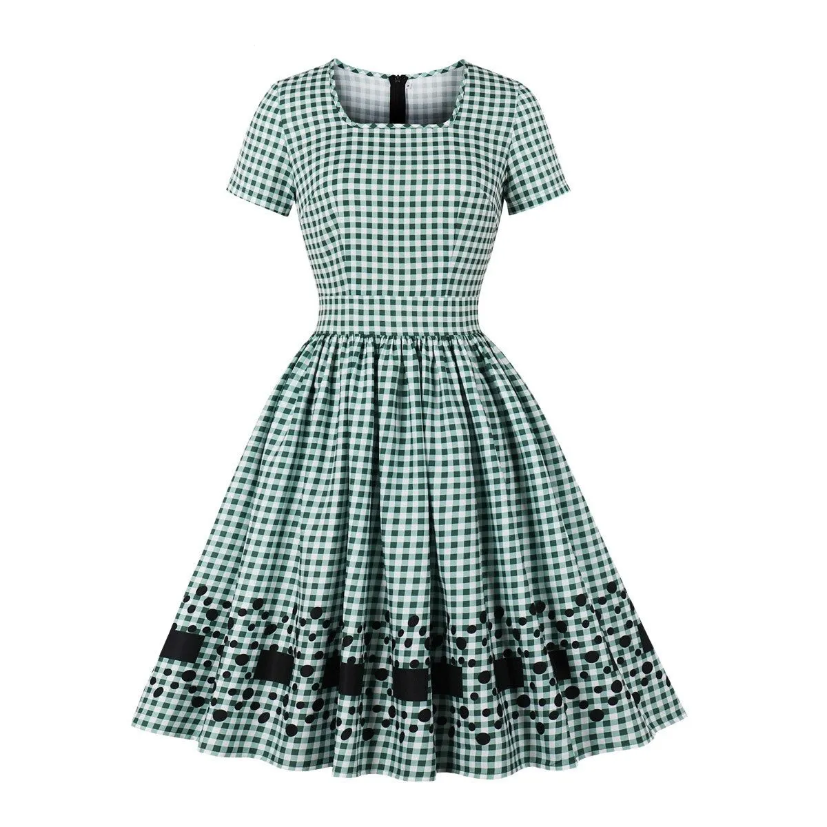 40s 50s 60s Retro Vintage Plaid Casual Party Ladies Dress Short Sleeve High Street French Cotton A Line Swing Tunic Midi Dresses