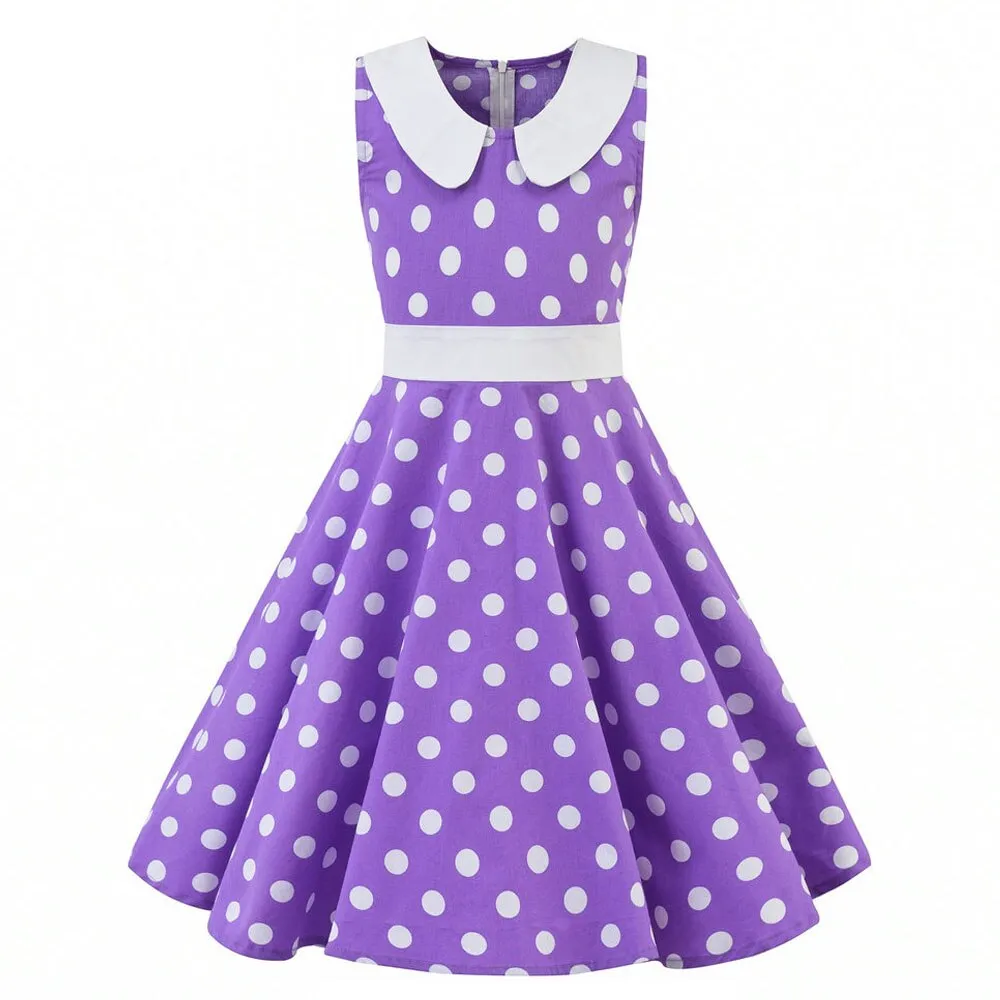 40s 50s Vintage Cotton Swing Children Midi Dress Rockabilly Black Purple Red Polk Dot Dress for 4-12 years Old Girl Sundress