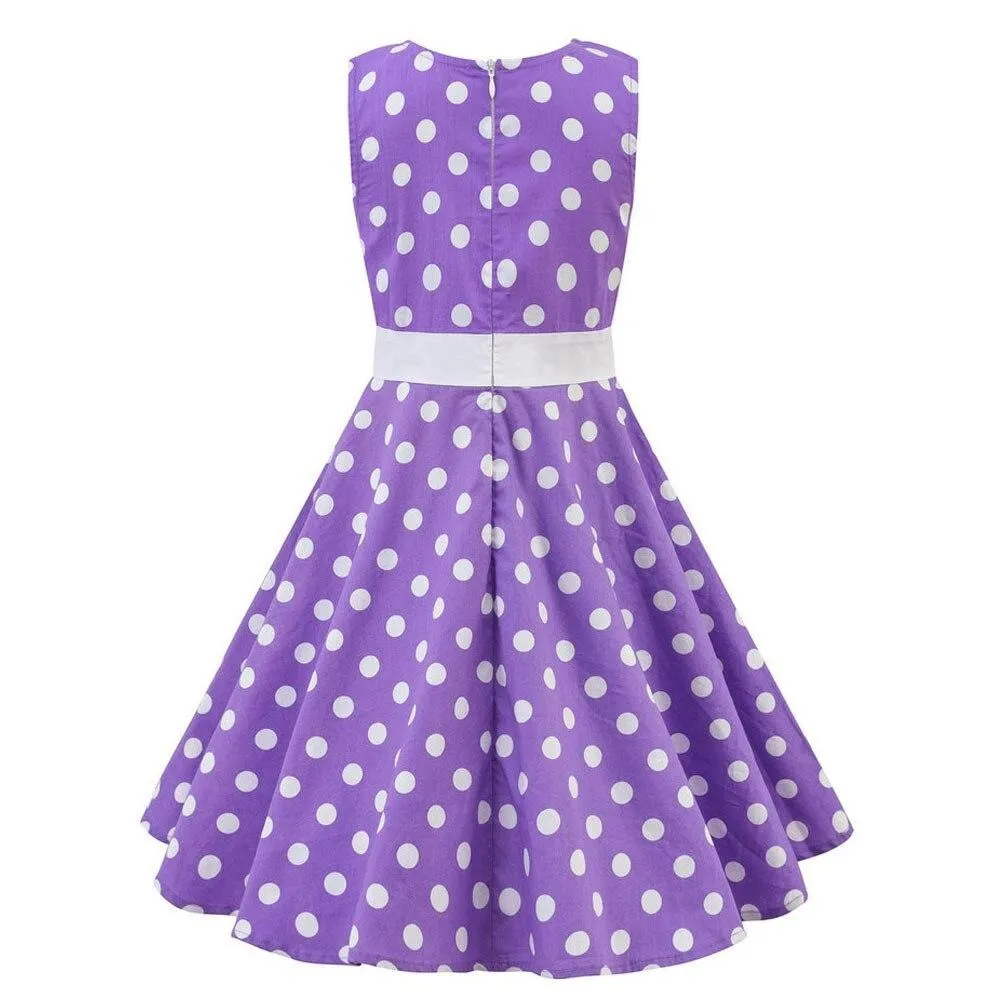 40s 50s Vintage Cotton Swing Children Midi Dress Rockabilly Black Purple Red Polk Dot Dress for 4-12 years Old Girl Sundress