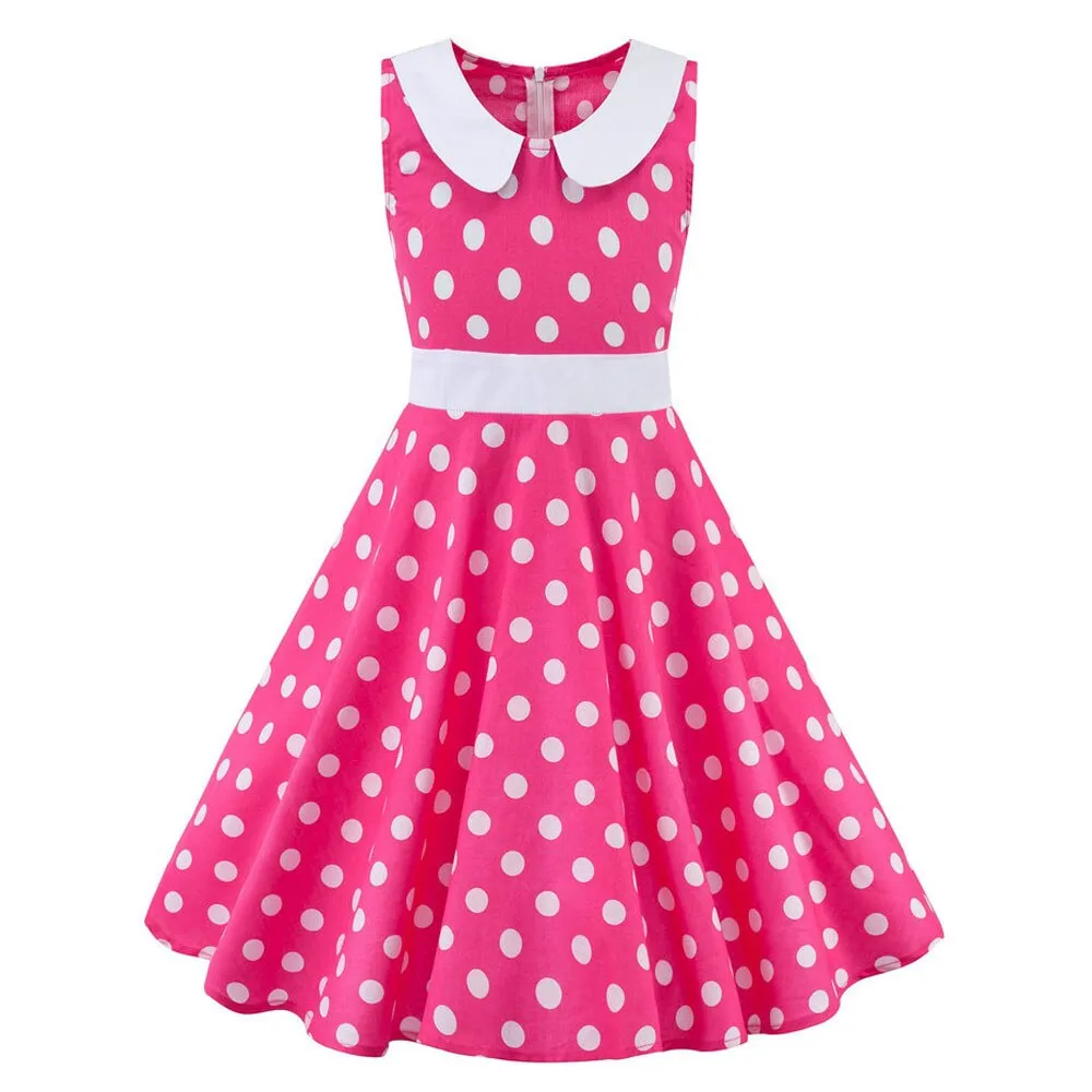 40s 50s Vintage Cotton Swing Children Midi Dress Rockabilly Black Purple Red Polk Dot Dress for 4-12 years Old Girl Sundress