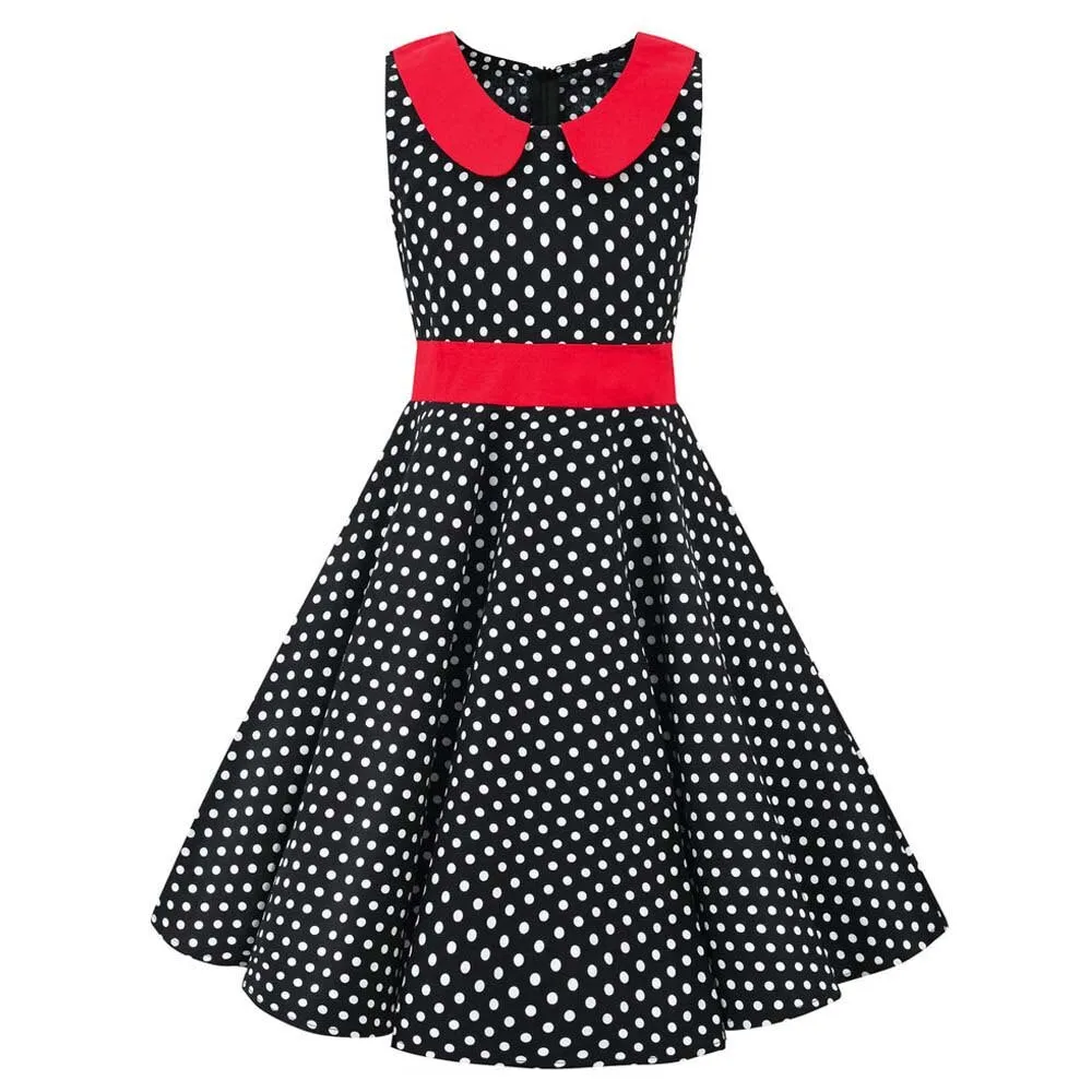 40s 50s Vintage Cotton Swing Children Midi Dress Rockabilly Black Purple Red Polk Dot Dress for 4-12 years Old Girl Sundress