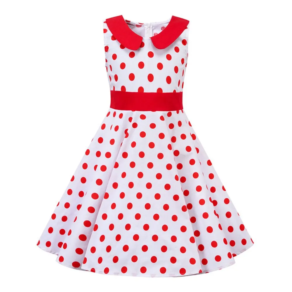 40s 50s Vintage Cotton Swing Children Midi Dress Rockabilly Black Purple Red Polk Dot Dress for 4-12 years Old Girl Sundress