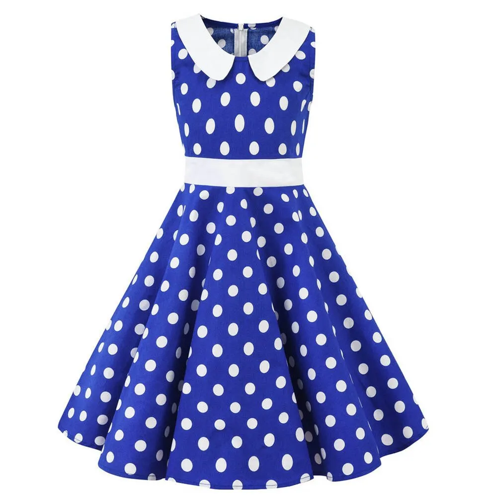 40s 50s Vintage Cotton Swing Children Midi Dress Rockabilly Black Purple Red Polk Dot Dress for 4-12 years Old Girl Sundress