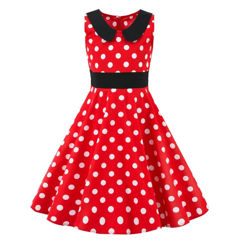 40s 50s Vintage Cotton Swing Children Midi Dress Rockabilly Black Purple Red Polk Dot Dress for 4-12 years Old Girl Sundress