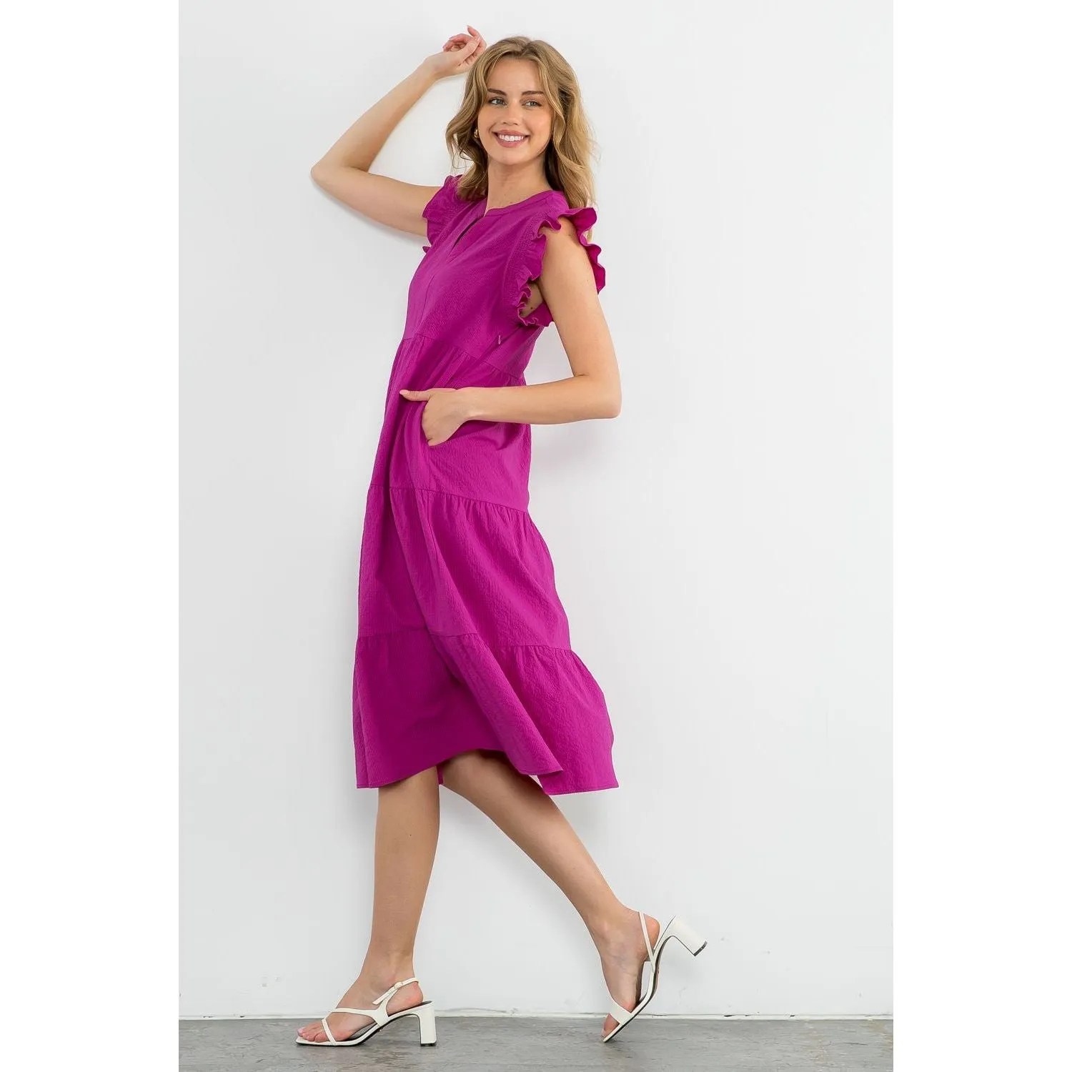 Alana Fuschia Ruffle Sleeve Tiered THML Dress