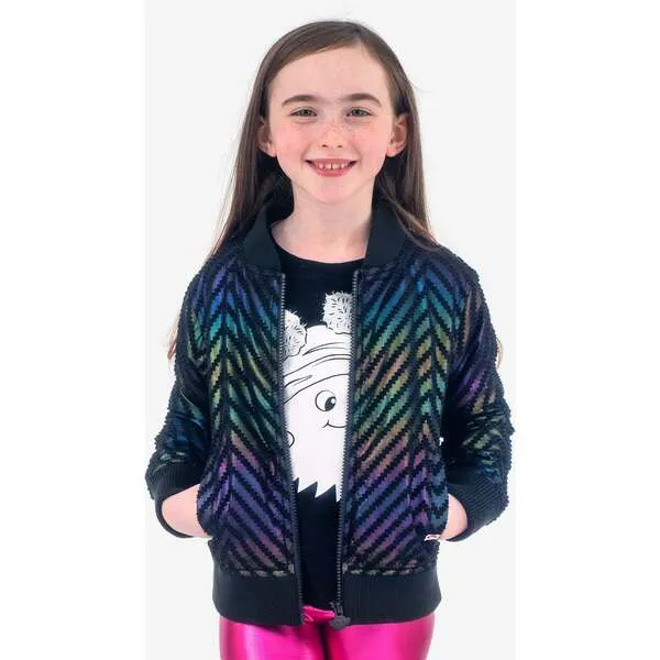 Appaman Nikki Metallic Zig-Zig Print Bomber Jacket, Black Rainbow