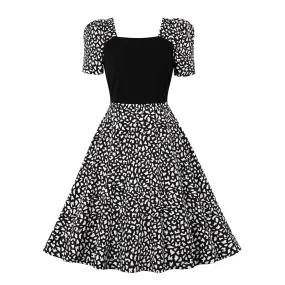 Autumn Vintage Stylish Tunic Midi 40s 50s Dresses Floral Print Patchwork Black Party Women Casual Work Office Swing Skater Dress