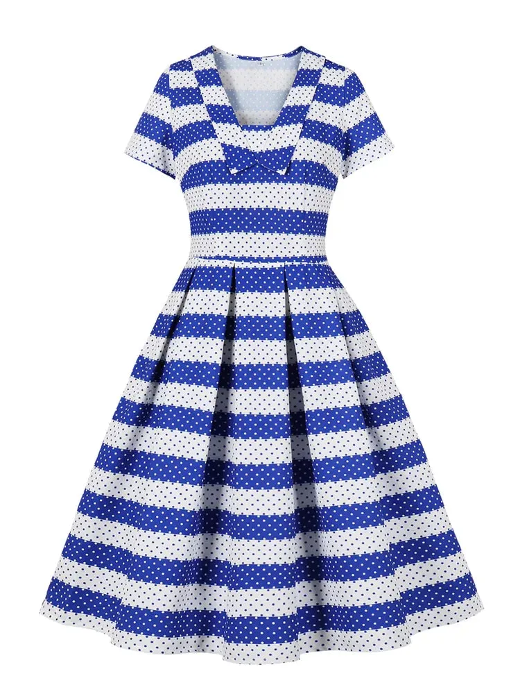 Blue and White Striped Pinup 40s 50s Women Vintage Pleated Dress V Neck Short Sleeve Polka Dot Print Retro Dresses