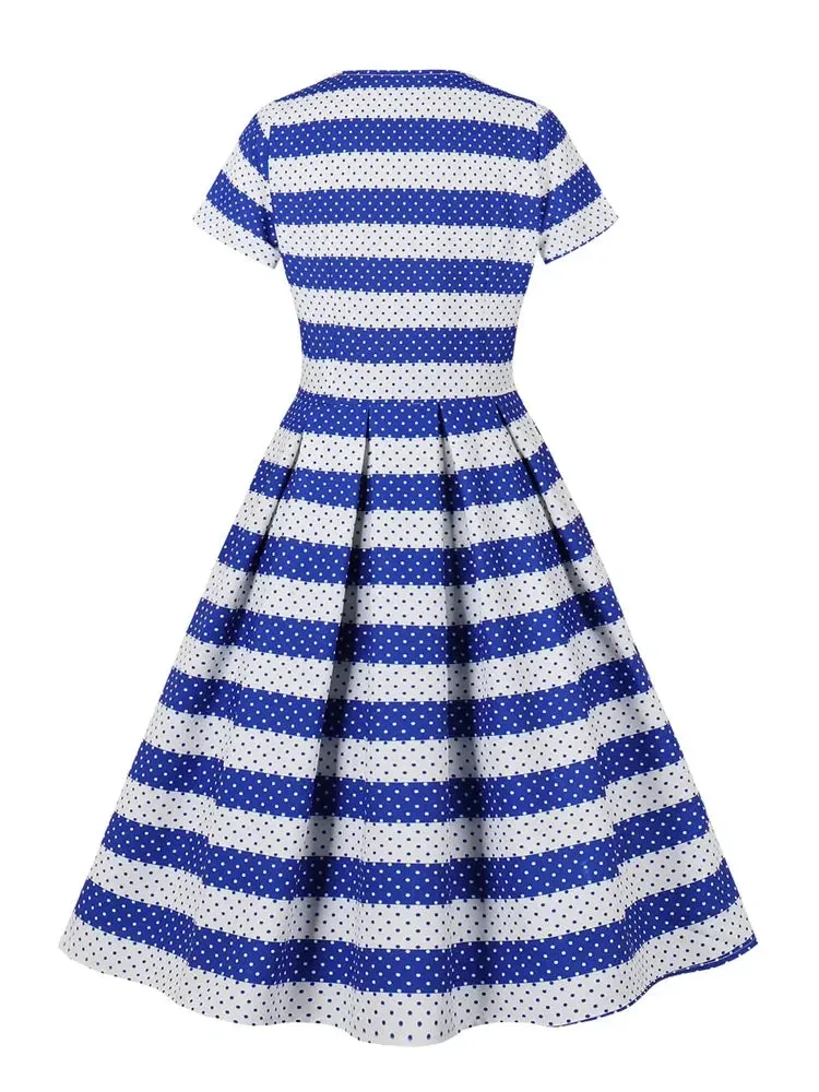 Blue and White Striped Pinup 40s 50s Women Vintage Pleated Dress V Neck Short Sleeve Polka Dot Print Retro Dresses