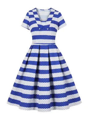 Blue and White Striped Pinup 40s 50s Women Vintage Pleated Dress V Neck Short Sleeve Polka Dot Print Retro Dresses