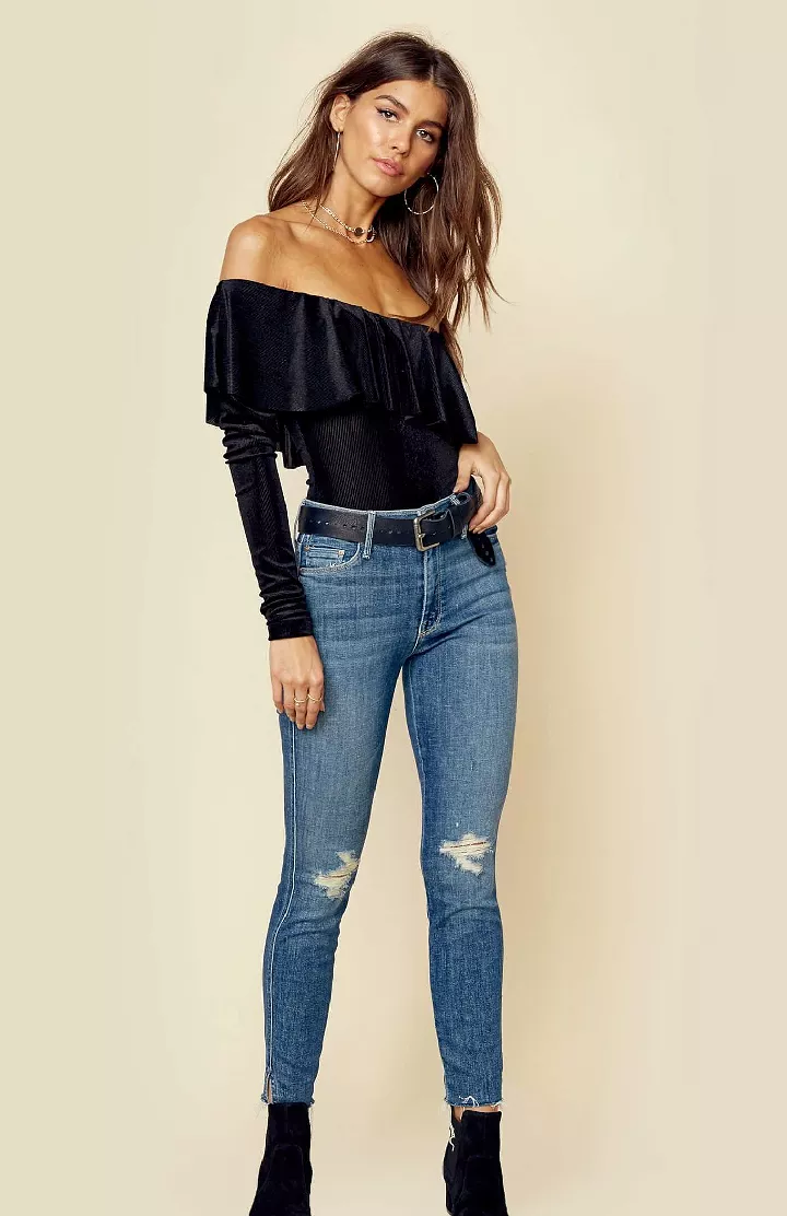 Blue Life Velvet Rib Asymmetrical Bodysuit