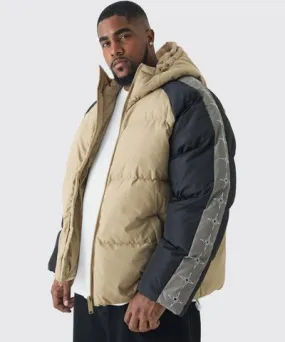 boohoo Mens Plus Worldwide Hooded Color Block Puffer Jacket In Stone