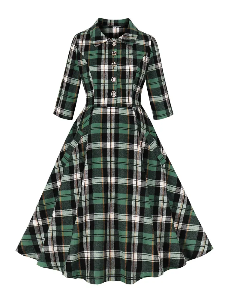 Buttons Green Plaid Rockabilly Cotton Dresses for Women 3/4 Length Sleeve Autumn Winter 40s 50s Vintage Pockets Dress