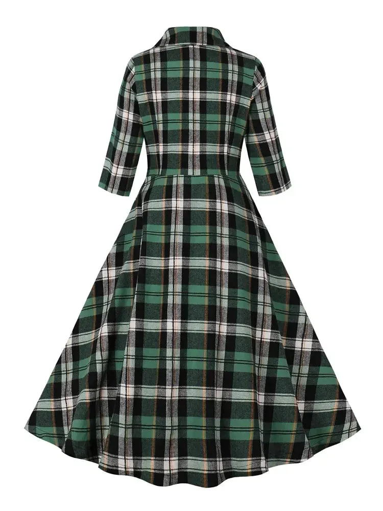 Buttons Green Plaid Rockabilly Cotton Dresses for Women 3/4 Length Sleeve Autumn Winter 40s 50s Vintage Pockets Dress