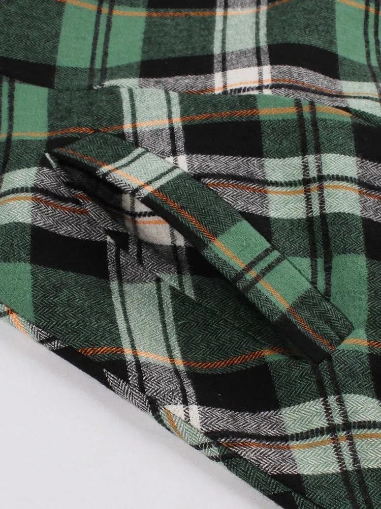 Buttons Green Plaid Rockabilly Cotton Dresses for Women 3/4 Length Sleeve Autumn Winter 40s 50s Vintage Pockets Dress