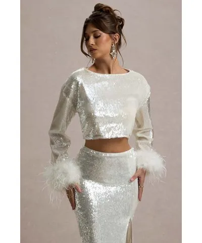 Club L London - USA Solita | Sand Sequin Long-Sleeve Crop Top With Feather Trim