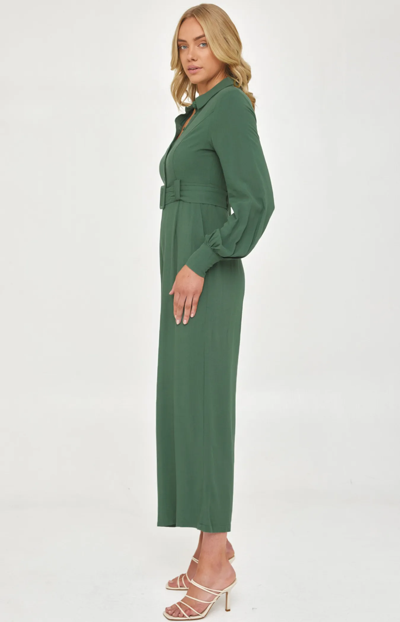 Collared Shirt Style Jumpsuit with Self Fabric Buckle (SJP535A) 