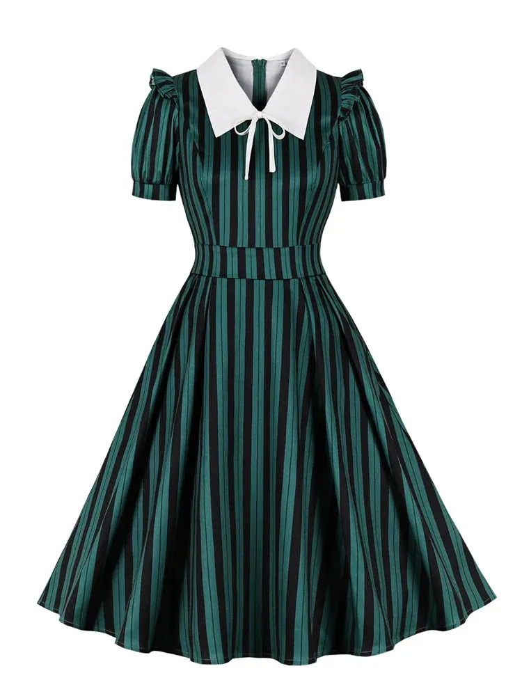 Contrast Collar Bow Front High Waist 40s 50s Vintage Dress Women Green and Black Striped Formal Pleated Dresses