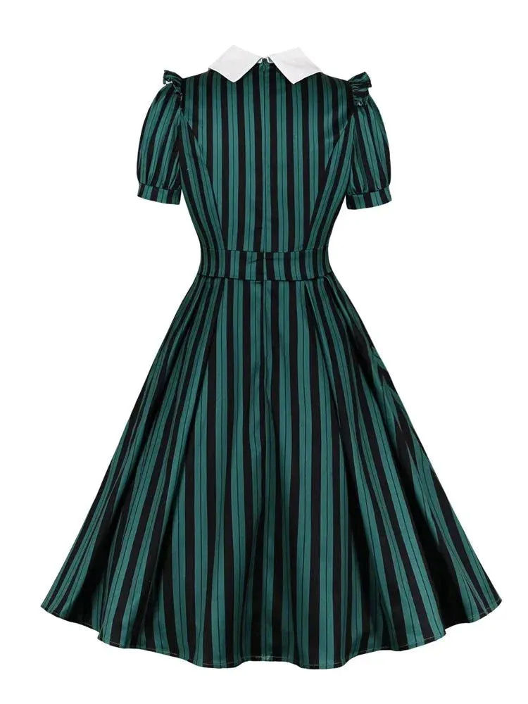 Contrast Collar Bow Front High Waist 40s 50s Vintage Dress Women Green and Black Striped Formal Pleated Dresses