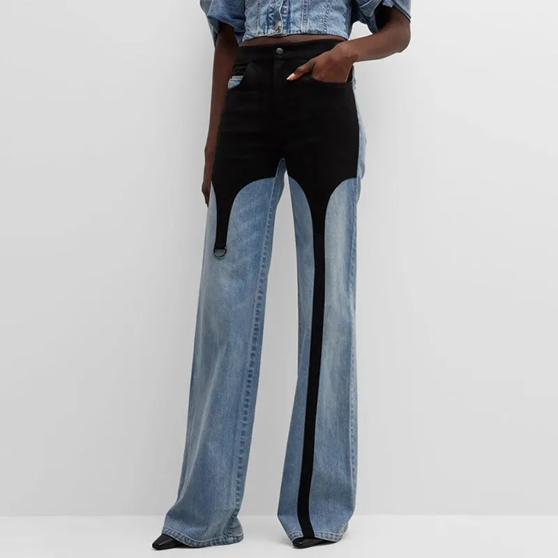 Contrast Straight  Tube High Waisted Jeans