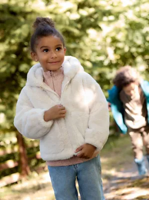 Cream Faux Fur Hooded Jacket | Kids | George at ASDA