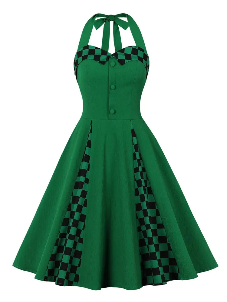 Green and Plaid Halter Buttons 40s 50s Vintage Party Dresses for Women Summer Rockabilly Fit and Flare Backless Dress