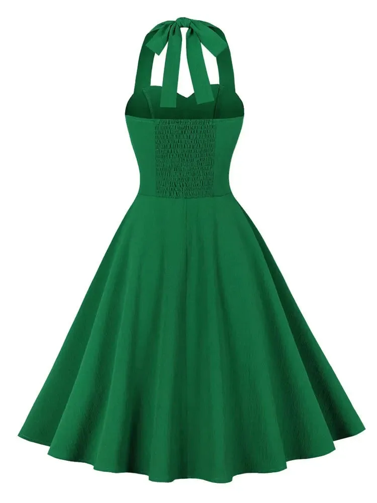 Green and Plaid Halter Buttons 40s 50s Vintage Party Dresses for Women Summer Rockabilly Fit and Flare Backless Dress