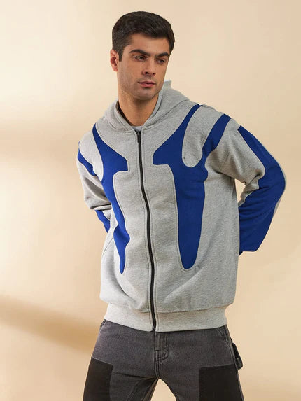 grey & royal blue cut sew zipped hoodie