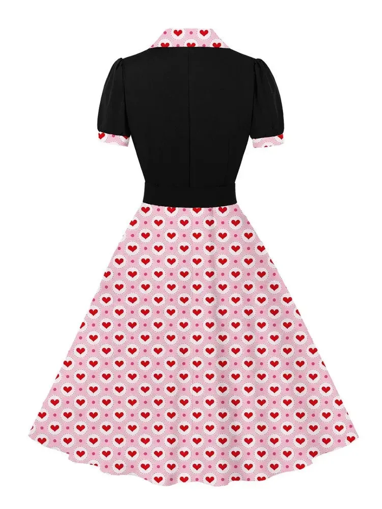 Heart Print and Black Patchwork Elegant Dresses for Women Notched Collar Buttons 40s 50s Vintage Pleated Dress