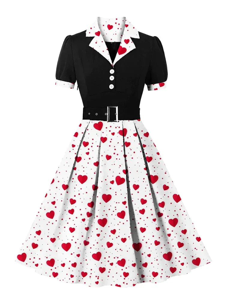 Heart Print and Black Patchwork Elegant Dresses for Women Notched Collar Buttons 40s 50s Vintage Pleated Dress