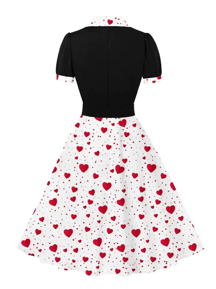 Heart Print and Black Patchwork Elegant Dresses for Women Notched Collar Buttons 40s 50s Vintage Pleated Dress