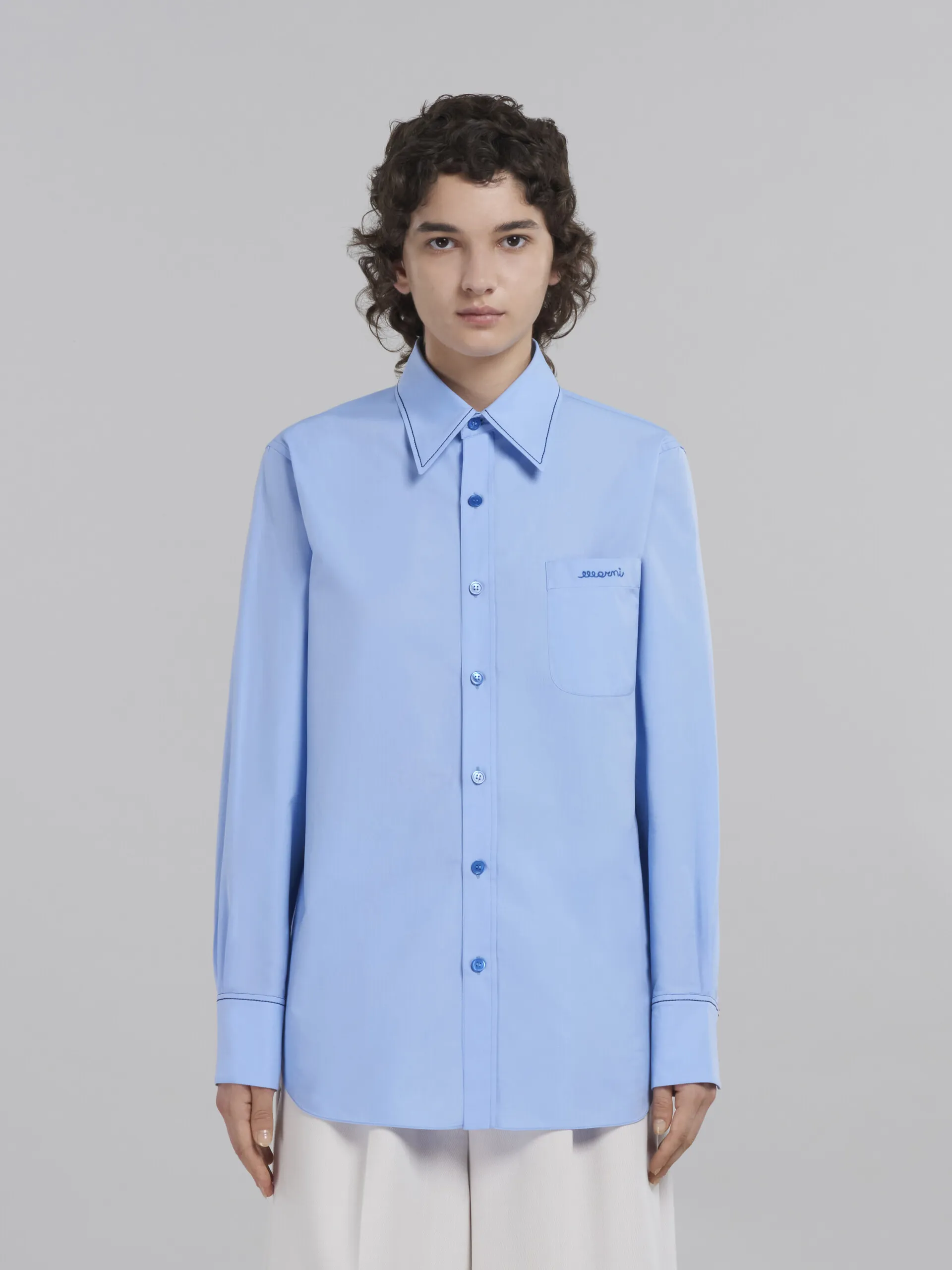 MARNI  |Light blue bio cotton shirt with embroidered logo