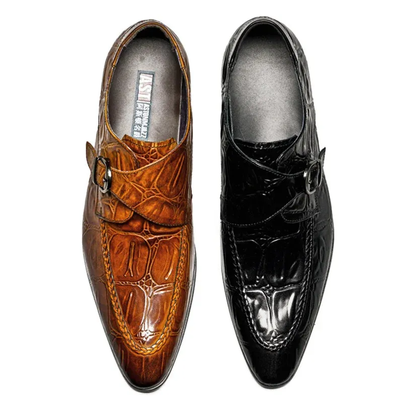 Men's British Alligator Pattern Slip-on Belt Buckle Business Dress Shoes