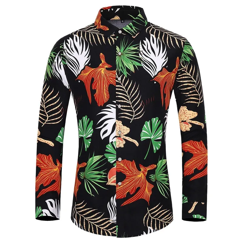 Men's Casual Cotton Rose Plant Flower Printed Hawaiian Long Sleeve Shirt