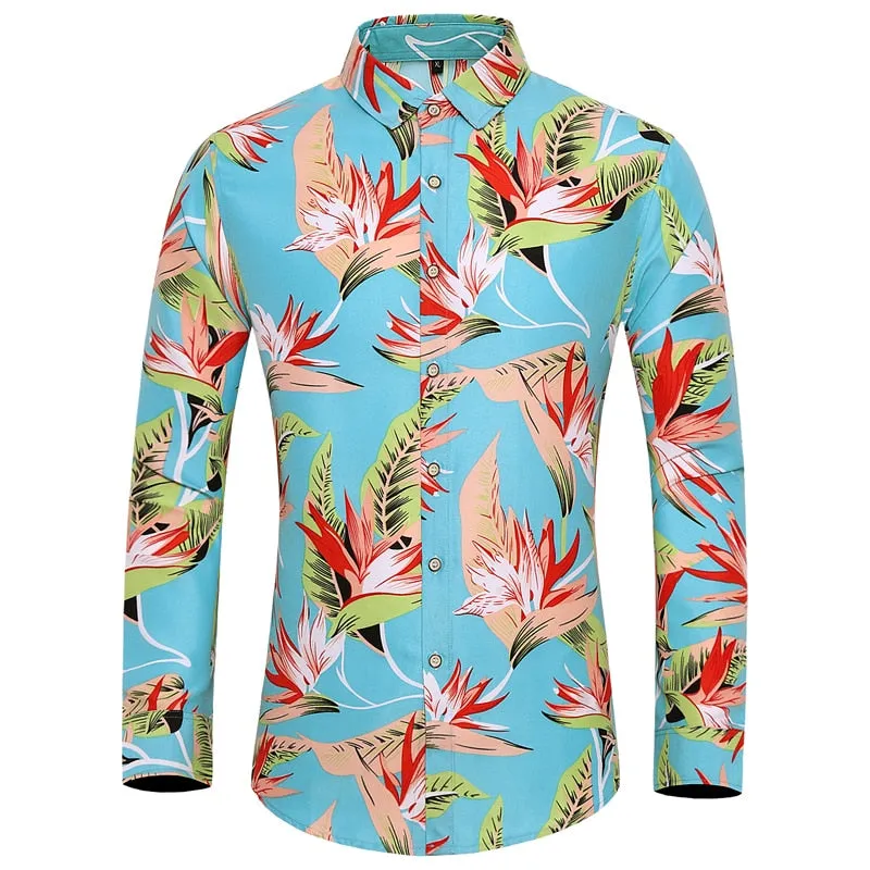 Men's Casual Cotton Rose Plant Flower Printed Hawaiian Long Sleeve Shirt