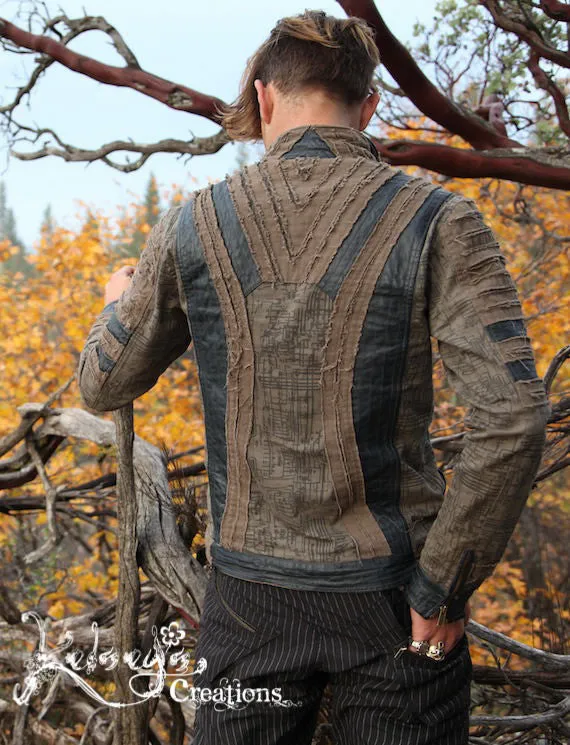 Mens Jacket - Small, Brown, Steampunk, Hipster, Screen printed, Burning Man, Zip Up Front, Leather detail, Mens Clothing, Moto J