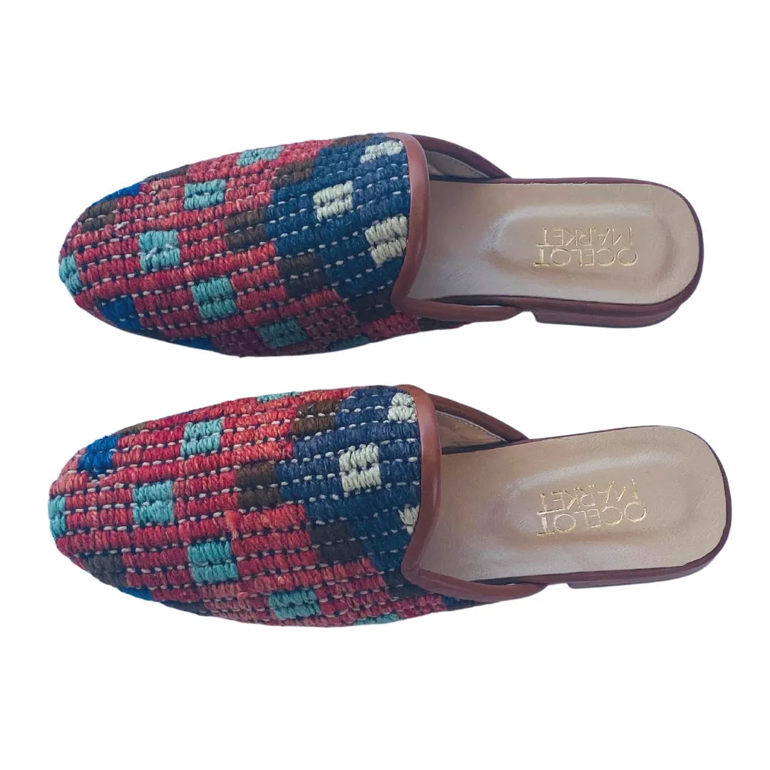 Men's Turkish Kilim Mules | Muted Blue & Red Pattern