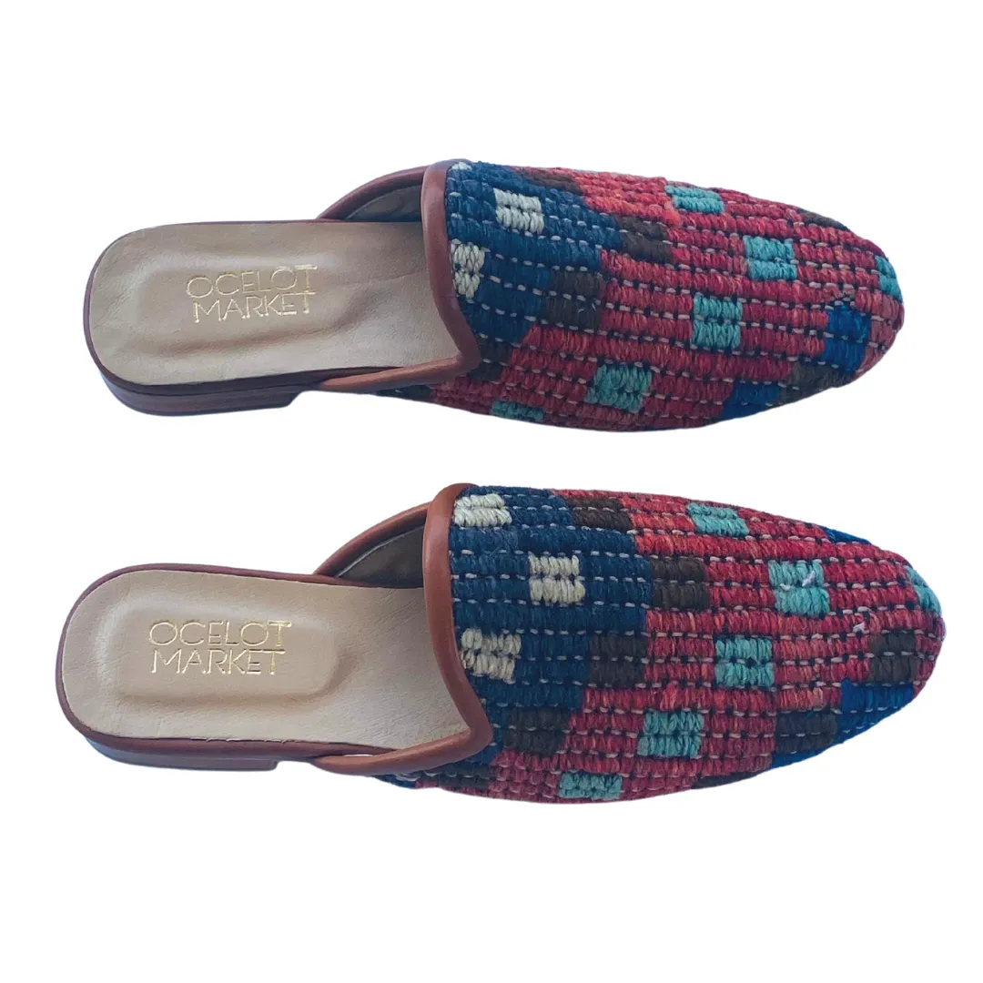 Men's Turkish Kilim Mules | Muted Blue & Red Pattern