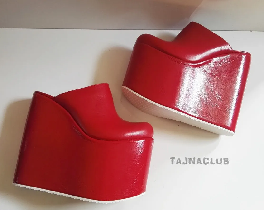 Mules Faux Patent Leather Red Wedge Heel Platform High Heels Shoes