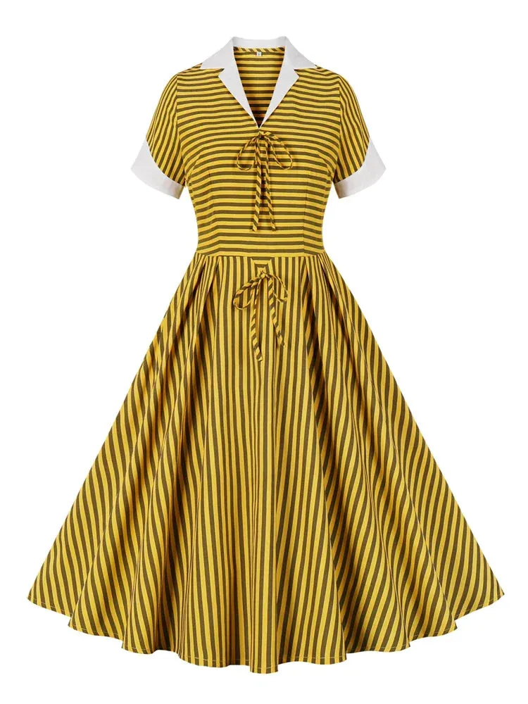 Notched Collar Bow Front Yellow Striped 40s 50s Retro Pleated Dress Short Sleeve Elegant Women Vintage Midi Dresses