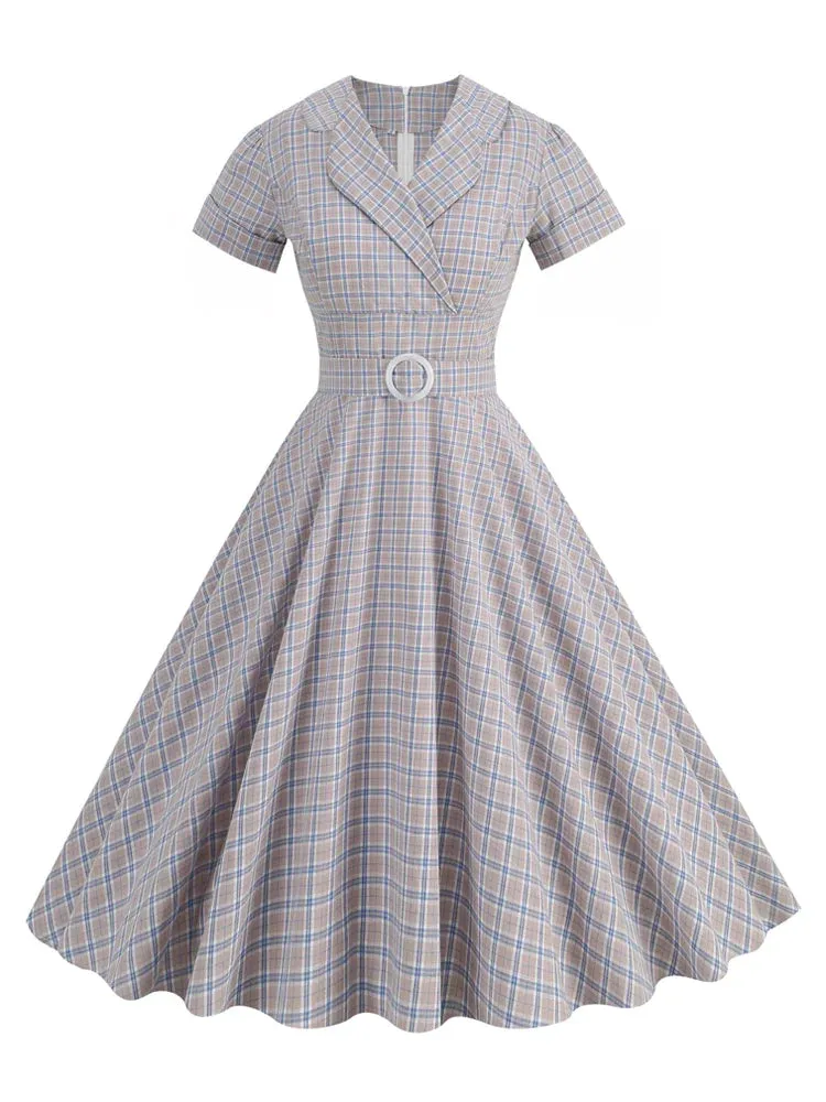 Notched Collar High Waist 40s 50s Plaid Rockabilly Dress Autumn Women Belted Elegant Ladies Vintage Midi Dresses