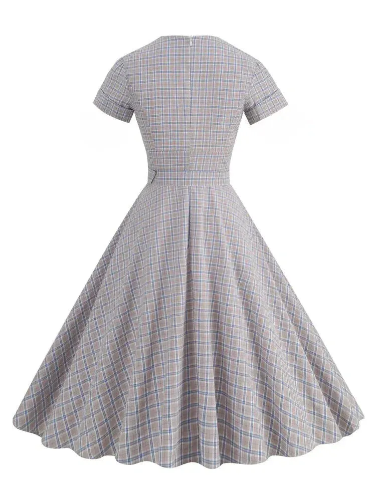 Notched Collar High Waist 40s 50s Plaid Rockabilly Dress Autumn Women Belted Elegant Ladies Vintage Midi Dresses