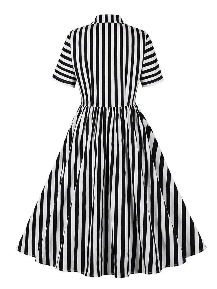 Notched Collar Single Breasted Striped Print Cotton Ladies Dresses Elegant 40s 50s Pleated Rockabilly Women Midi Dress