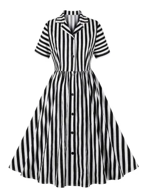 Notched Collar Single Breasted Striped Print Cotton Ladies Dresses Elegant 40s 50s Pleated Rockabilly Women Midi Dress