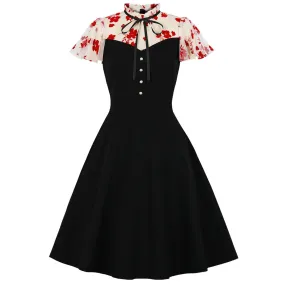 Patchwork Embroidery Women Party Dress 40s 50s 60s Button Bust A Line Black Pinup Gothic Sundress Office Tunic Midi Dresses