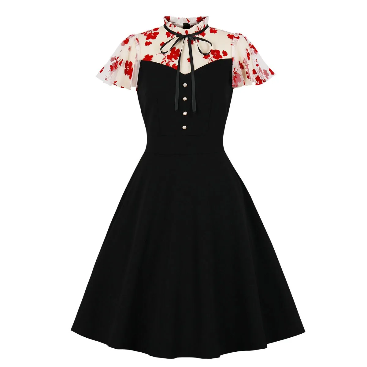 Patchwork Embroidery Women Party Dress 40s 50s 60s Button Bust A Line Black Pinup Gothic Sundress Office Tunic Midi Dresses