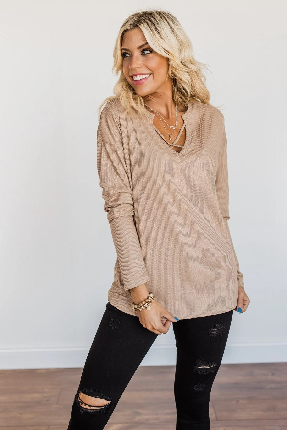 Spice Of Life Criss Cross Ribbed Knit Top- Light Taupe